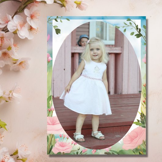 Hübsches Weißes Pferd und rosa Blume Foto Geburtst Einladung