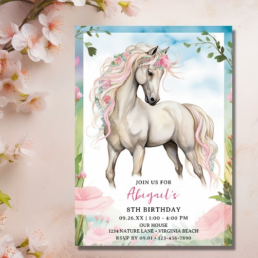 Hübsches Weißes Pferd und rosa Blume Foto Geburtst Einladung