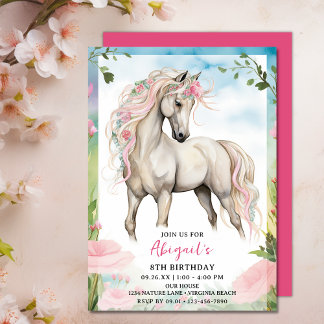 Hübsches Weißes Pferd und rosa Blume Geburtstag Einladung