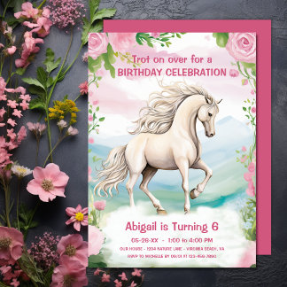 Hübsches Weißes Pferd und rosa Blume Geburtstag Einladung