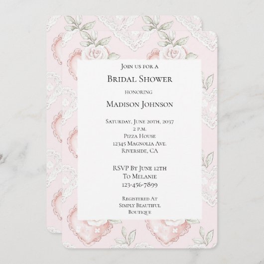 Hübsches White Roses Lace Hearts Brautparty Einladung (Vorne/Hinten)