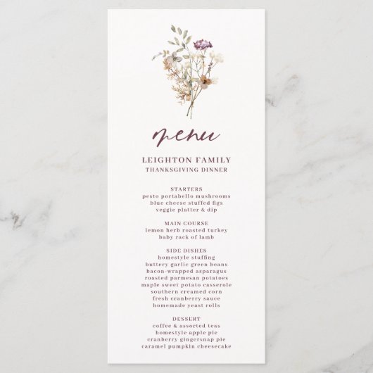 Hübsches Wildblumen Erntedank Dinner Menü Menükarte (Vorderseite)