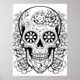 Hübsches Zucker-Schädel-Bild Schwarz + Weiß-Kunst  Poster