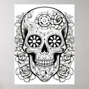 Hübsches Zucker-Schädel-Bild Schwarz + Weiß-Kunst Poster