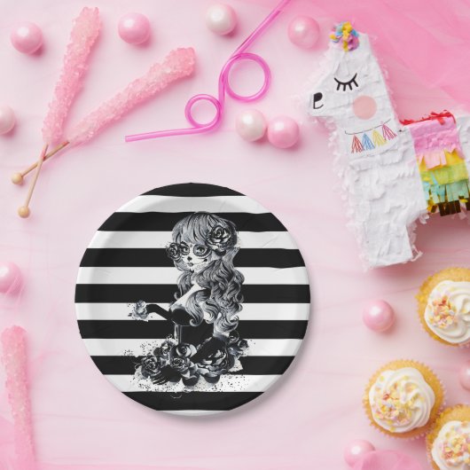 Hübsches ZuckerkulGirl, schwarz und weiß gestriche Pappteller (Party)