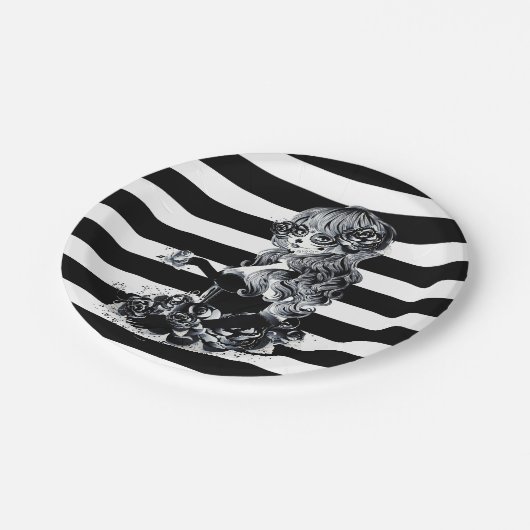 Hübsches ZuckerkulGirl, schwarz und weiß gestriche Pappteller (Schrägansicht)