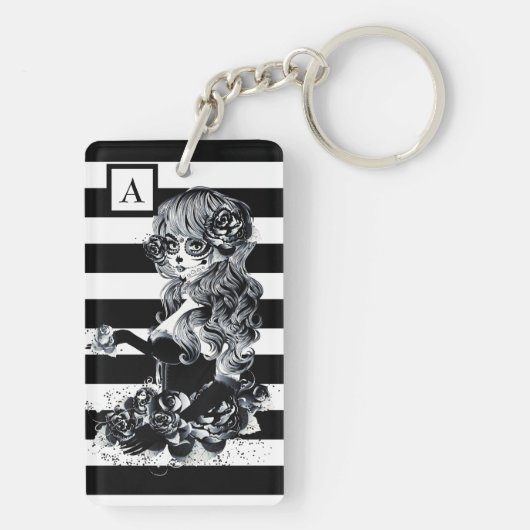 Hübsches ZuckerkulGirl, schwarz und weiß gestriche Schlüsselanhänger (Rückseite)