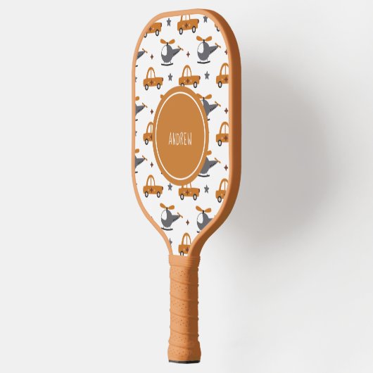 Hubschrauber und Autos Kinderspielzeugmuster und N Pickleball Schläger (Links)