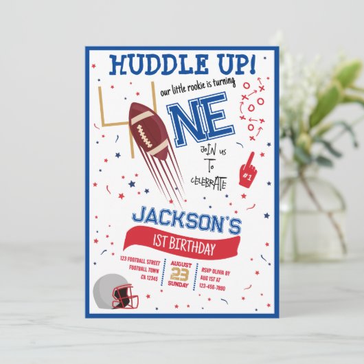 Huddle up Little Rookie Niedlich Football 1. Gebur Einladung (Stehend Vorderseite)