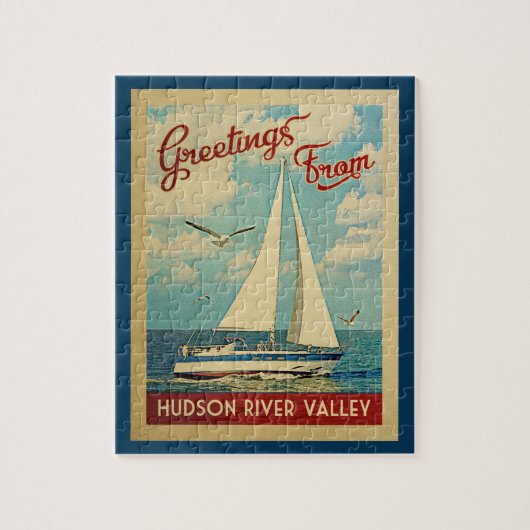 Hudson River Valley Sailboat Vintage Travel NY Puzzle (Vertikal)