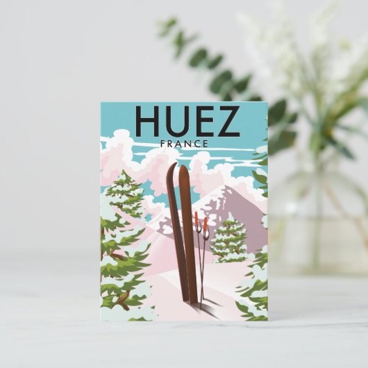 Huez France Retro Skiposter Postkarte (Stehend Vorderseite)