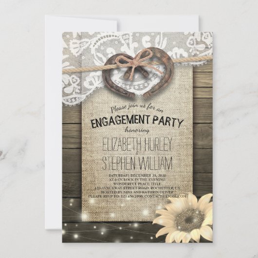 Hufeisen Burlap Lace Sunflowers Engagement Party Einladung (Vorderseite)