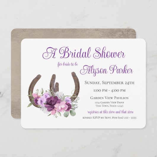 Hufeisen und Blume Brautparty aus Holz Inv Einladung (Vorne/Hinten)