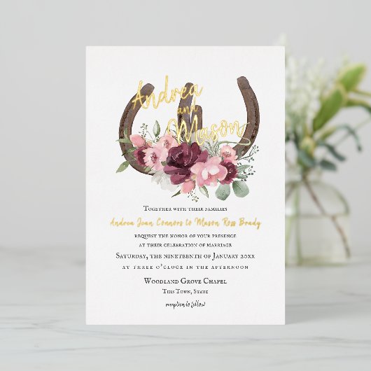 Hufeisen und Burgunder Pink Blumenzwiebeln Folieneinladung (Stehend vorne)