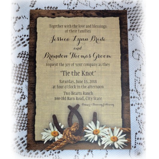 Hufeisen und Milchäschen Rustikales Burlap Einladung