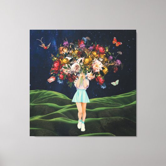 Huge Bouquet Girl Dark Sky Surreal Collage Leinwanddruck (Vorderseite)
