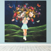 Huge Bouquet Girl Dark Sky Surreal Collage Leinwanddruck (Insitu (Holzboden))