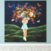 Huge Bouquet Girl Dark Sky Surreal Collage Leinwanddruck (Insitu (Holzboden))