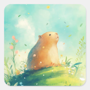 Hügelglück mit Capybara und Blumen Quadratischer Aufkleber