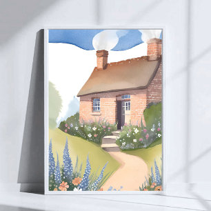 Hügelhaus   Aquarell-Ziegel-Hausmalerei Poster