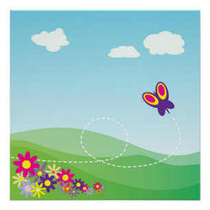 HÜGELLAND MIT SCHMETTERLING UND BLUMEN POSTER