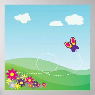HÜGELLANDSCHAFT MIT SCHMETTERLING UND BLUMEN POSTER