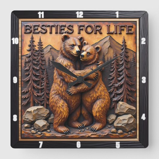 Hugging Bears Brown Mountain Quadratische Wanduhr (Vorderseite)
