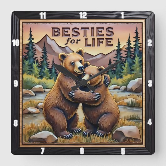 Hugging Bears River Forest Quadratische Wanduhr (Vorderseite)