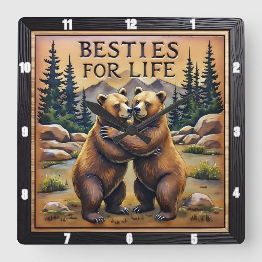 Hugging Bears Streamside Mountain Quadratische Wanduhr (Vorderseite)