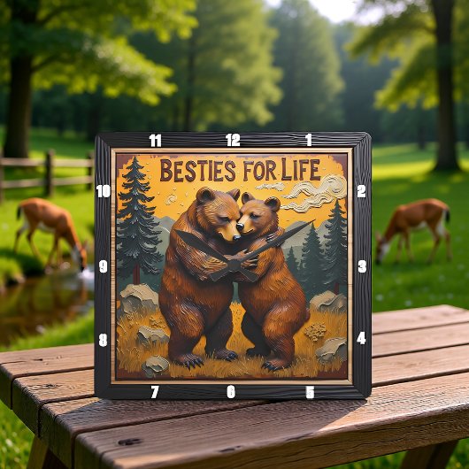 Hugging Bears Sunset Forest Quadratische Wanduhr