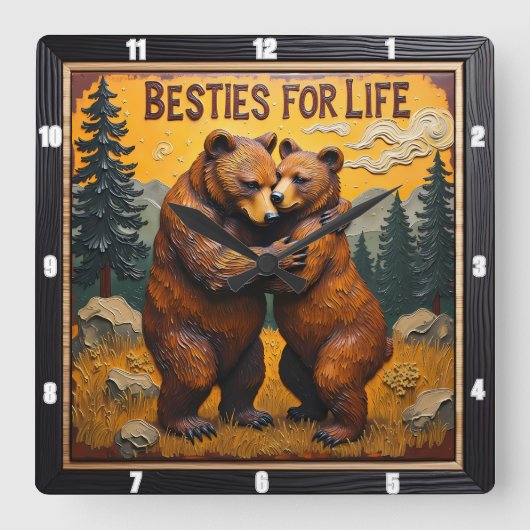 Hugging Bears Sunset Forest Quadratische Wanduhr (Vorderseite)