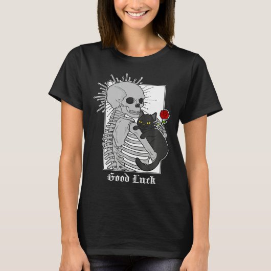 Hugging Cat Flowers Skeleton Black Cat T-Shirt (Vorderseite)