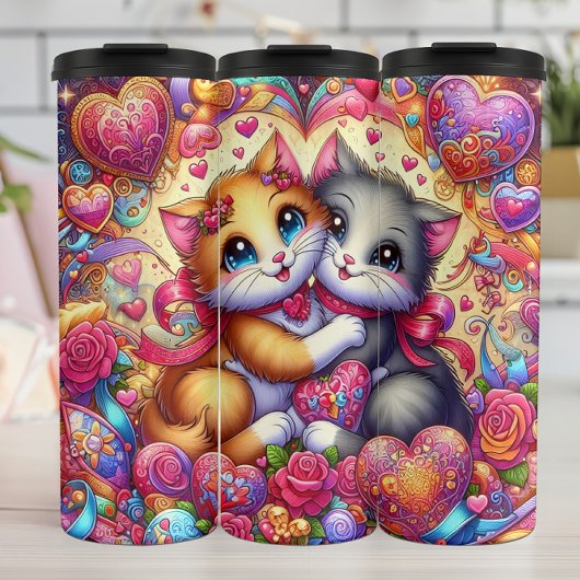 Hugging Kittens Heart Floral Thermosbecher