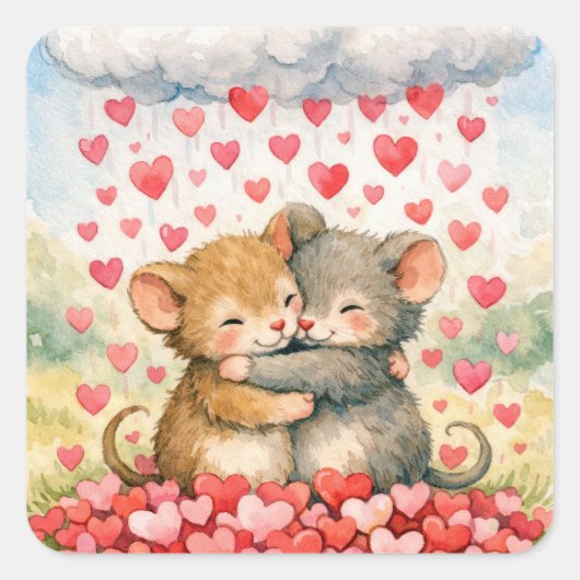 Hugging Mice Under a Cloud of Hearts Quadratischer Aufkleber (Vorderseite)