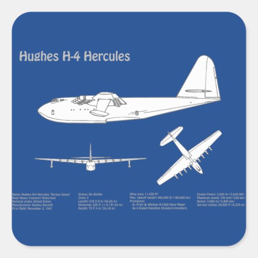 Hughes H-4 Hercules Spruce Goose - Flugzeugpläne Quadratischer Aufkleber (Vorderseite)