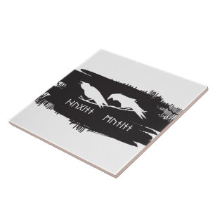 Huginn und Muninn Wikinger-Raben-Tinten-Design Fliese