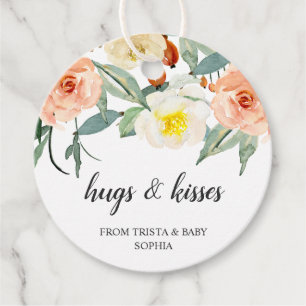 Hugs and Kisses Peach Floral Girl Baby Shower Geschenkanhänger