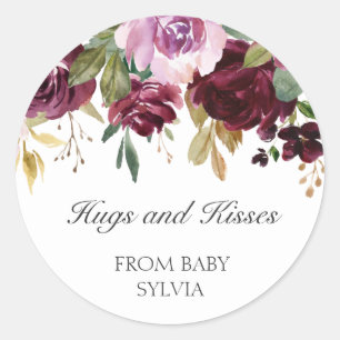 Hugs and Kisses Plum Floral Girl Baby Shower Gevor Runder Aufkleber