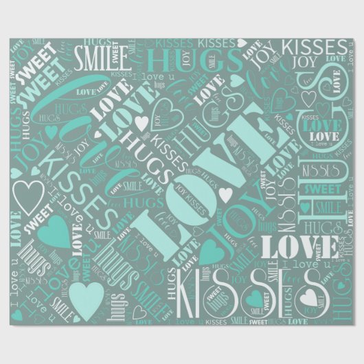 Hugs and Kisses Word Cloud Aquamarin ID286 Geschenkpapier (Flach)