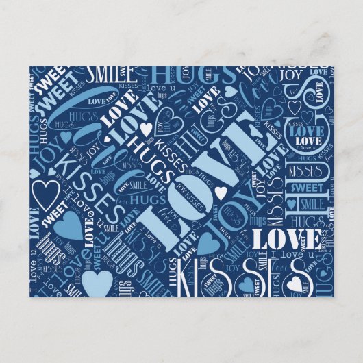 Hugs and Kisses Word Cloud Blue ID286 Postkarte (Vorderseite)