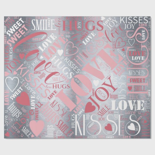 Hugs and Kisses Word Cloud Pink/Silver ID286 Geschenkpapier (Flach)