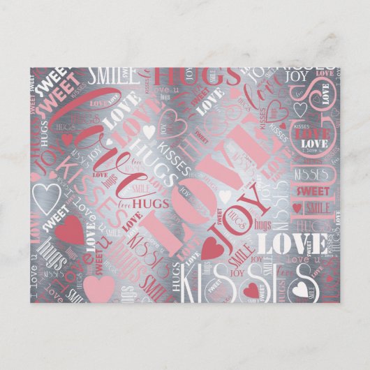 Hugs and Kisses Word Cloud Pink/Silver ID286 Postkarte (Vorderseite)