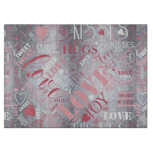 Hugs and Kisses Word Cloud Pink/Silver ID286 Schneidebrett (Vorderseite)