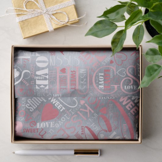 Hugs and Kisses Word Cloud Pink/Silver ID286 Seidenpapier (Geschenk)