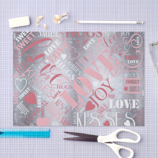 Hugs and Kisses Word Cloud Pink/Silver ID286 Seidenpapier (Handwerk)