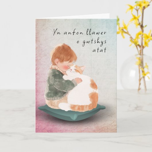 Hugs Cwtches Welsh Boy und Cat senden Karte (Gelbe Blume)