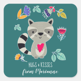 Hugs & Kisses Funny Raccoon Custom Valentine's Day Quadratischer Aufkleber