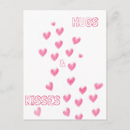 HUGS & KISSES - Niedlich rosa Wasserfarbenherzen Postkarte