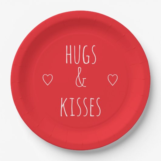 'Hugs & Kisses' Romantic Red White Valentine's Day Pappteller (Vorderseite)