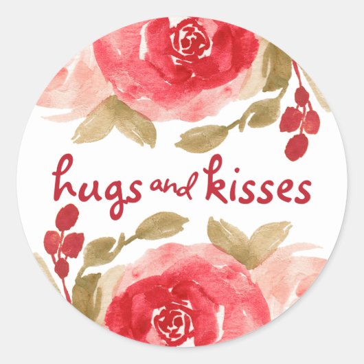 Hugs & Kisses Watercolor Rote Rose Valentine Runder Aufkleber (Vorderseite)